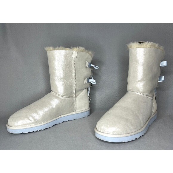 Women's 9 UGG Boots Bailey Bow I DO Crystal Shimmer White Silver Baby Blue RARE - Picture 8 of 16